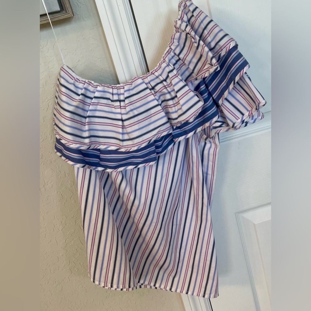 Parker Women’s One Shoulder S/S Striped Ruffled Mary Shirt/EUC-XS/100% Cotton